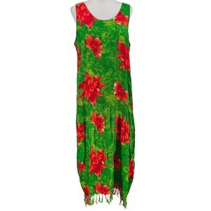 Y2K Koko Knot Tropical Floral Maxi Dress L Red Green Fringe Tiki 90s Hawaiian